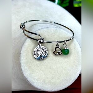 Family Tree Charm Bangle Bracelet Silver Tone Green Bead Heart Expandable